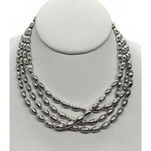 Metallic Oval Textured Beaded Necklace Vintage Silver Tone Opera  54 in